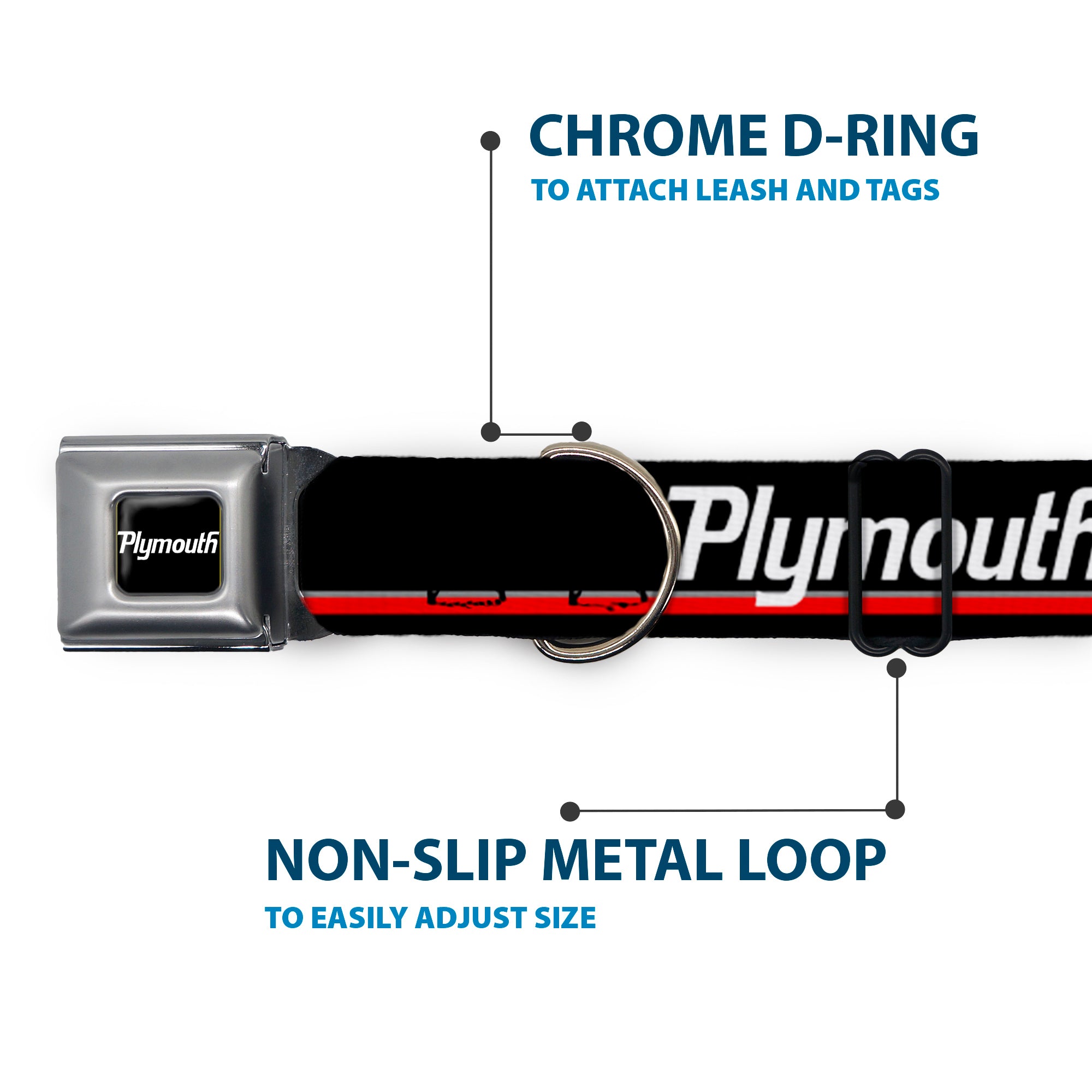 PLYMOUTH Text Logo Full Color Black/White Seatbelt Buckle Collar - PLYMOUTH Text/Stripe Black/White/Gray/Red