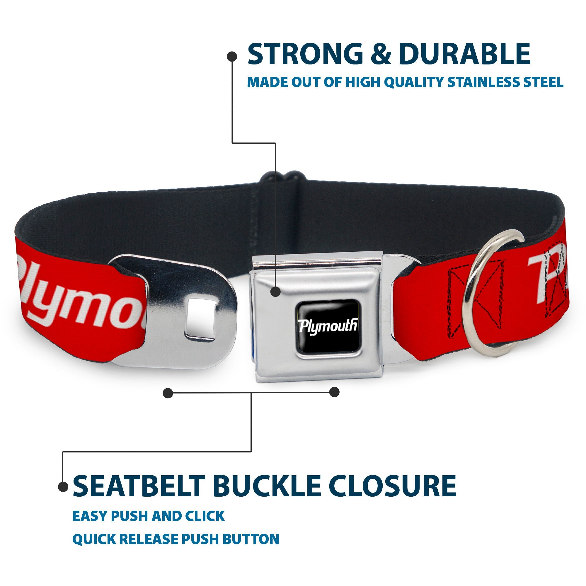 PLYMOUTH Text Logo Full Color Black/White Seatbelt Buckle Collar - PLYMOUTH Text Logo Red/White
