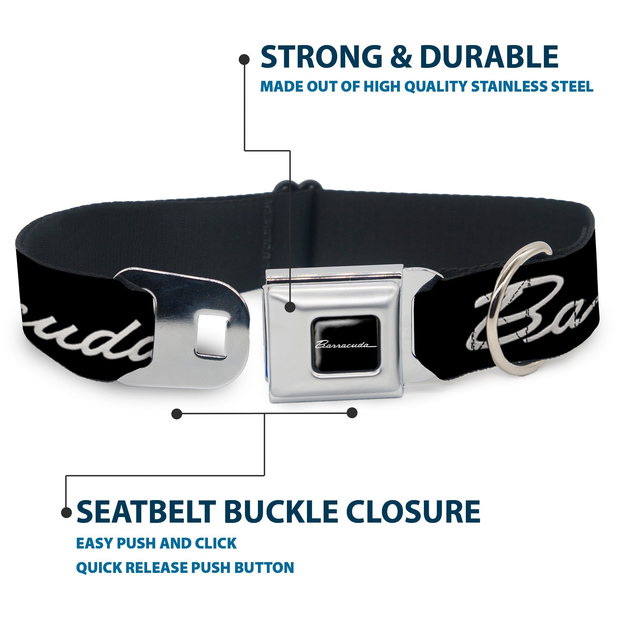 BARRACUDA Script Logo Full Color Black/White Seatbelt Buckle Collar - BARRACUDA Script Logo Black/Silver