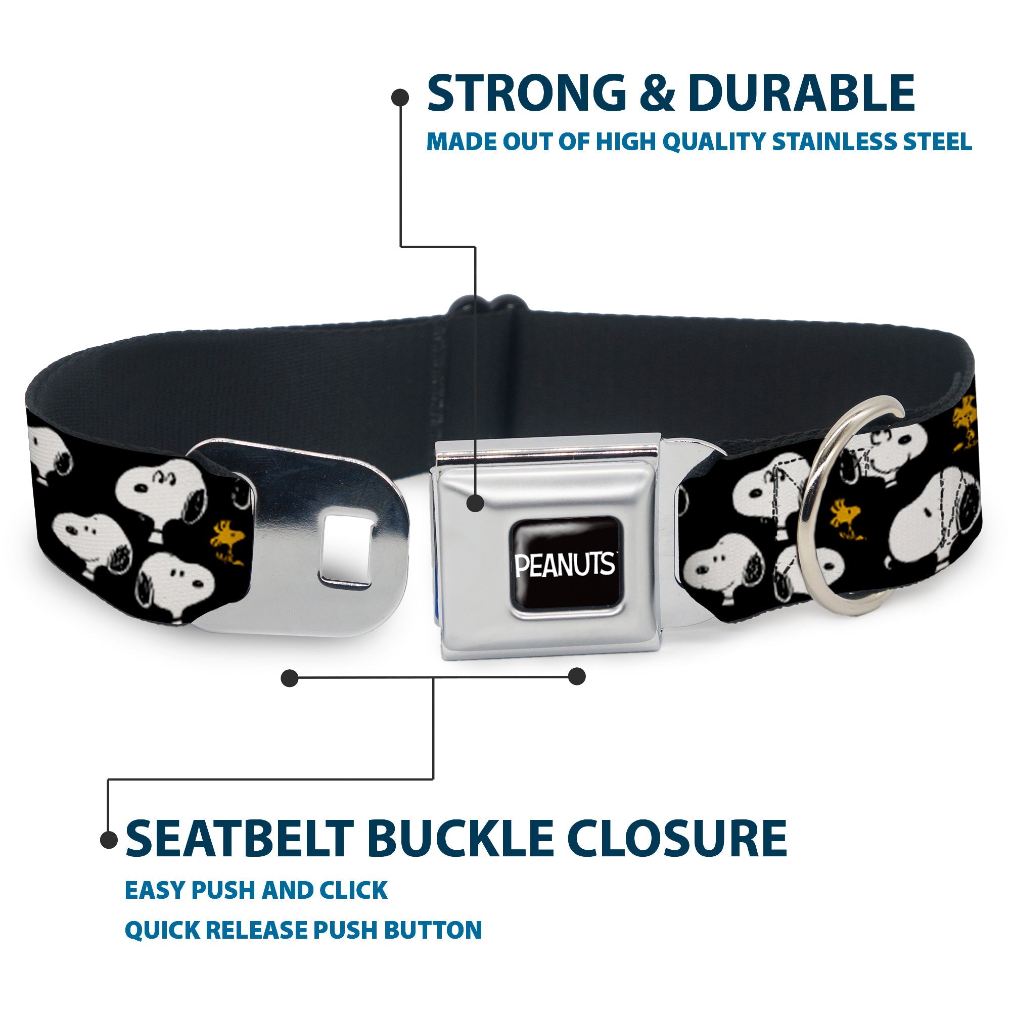 PEANUTS Title Logo Full Color Black/White Seatbelt Buckle Collar - Peanuts Snoopy and Woodstock Poses Scattered Black