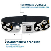 PEANUTS Title Logo Full Color Black/White Seatbelt Buckle Collar - Peanuts Snoopy and Woodstock Poses Scattered Black