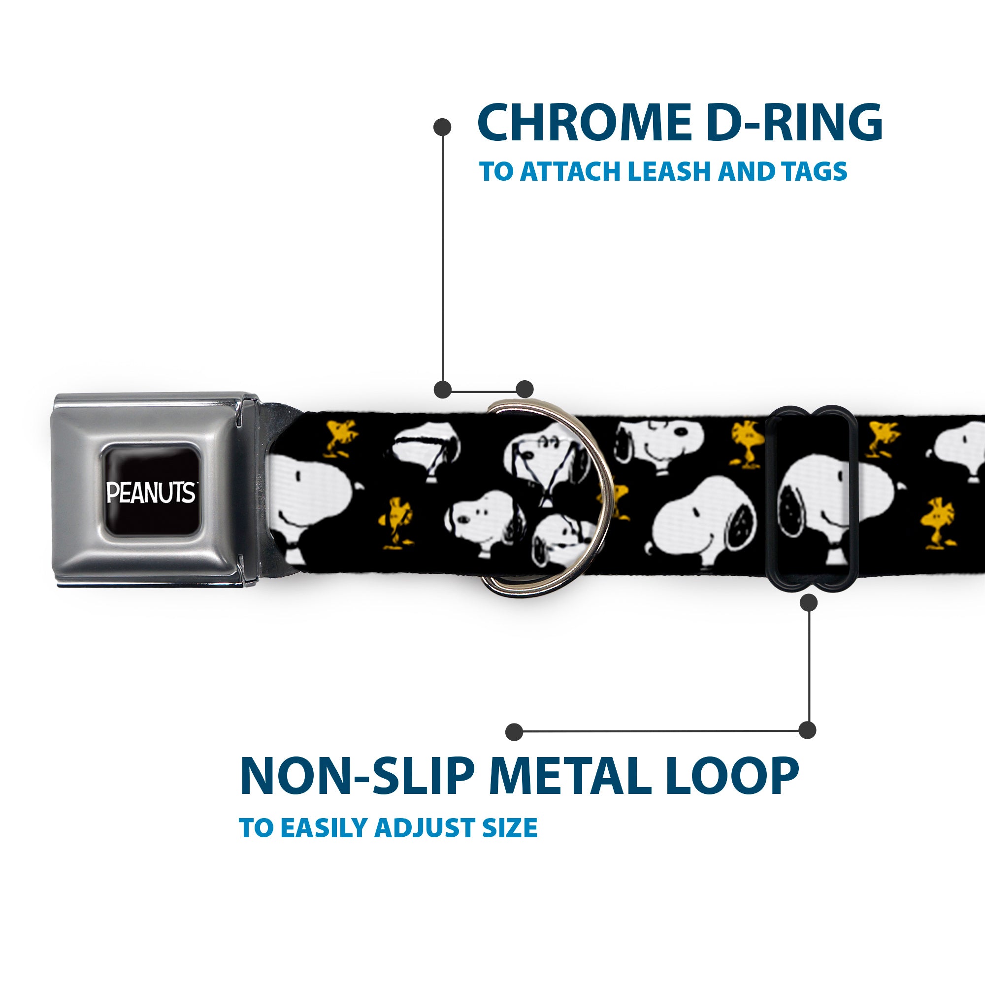 PEANUTS Title Logo Full Color Black/White Seatbelt Buckle Collar - Peanuts Snoopy and Woodstock Poses Scattered Black