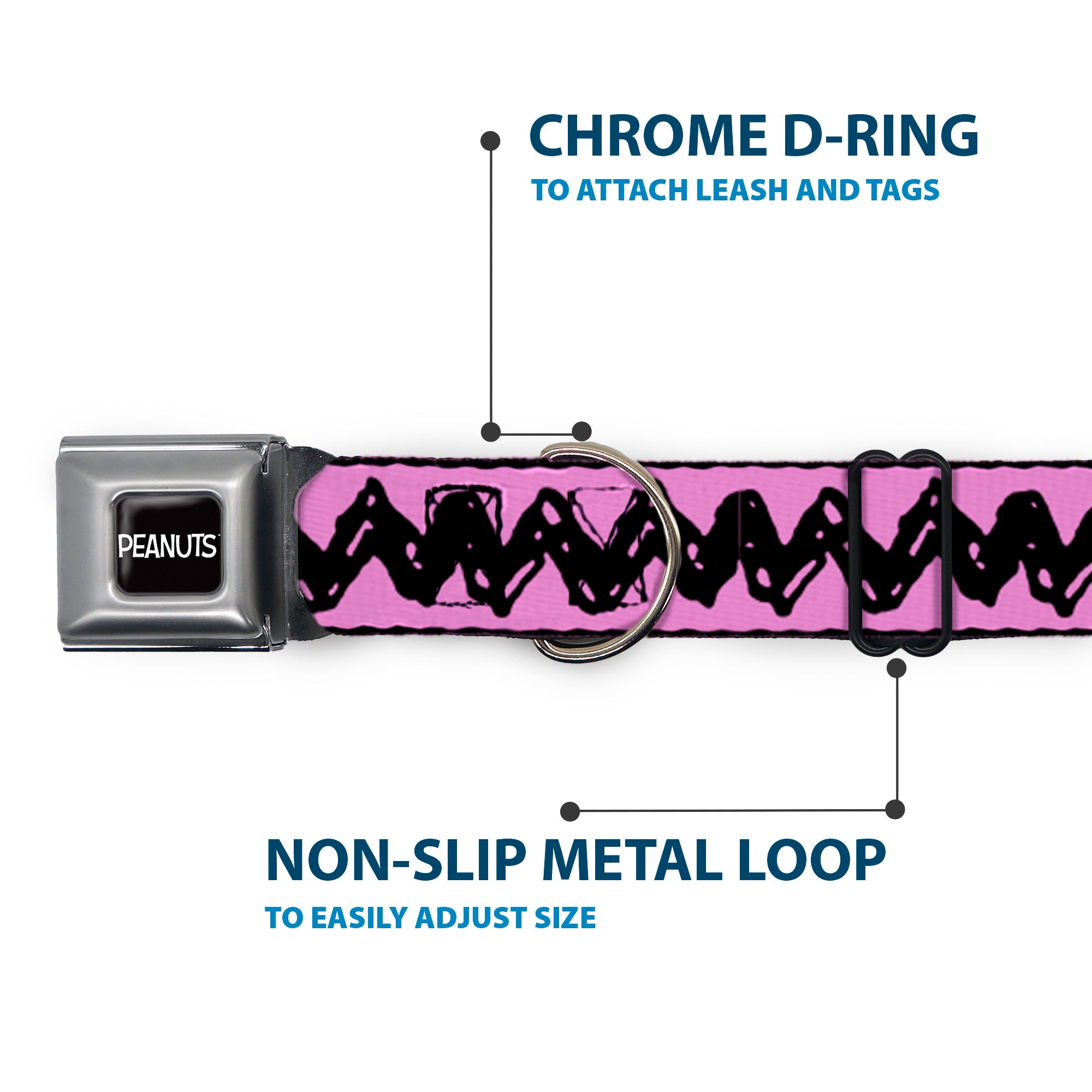 PEANUTS Title Logo Full Color Black/White Seatbelt Buckle Collar - Peanuts Charlie Brown Zig Zag Stripe Pink/Black