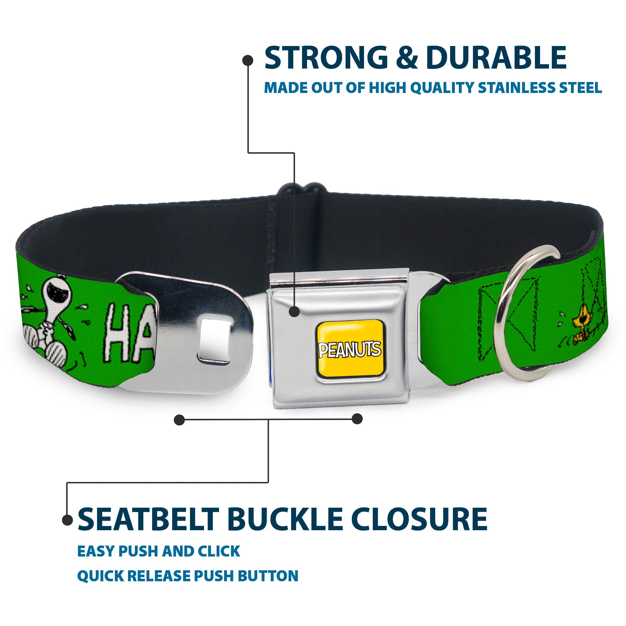 PEANUTS Title Logo Full Color Yellow/White Seatbelt Buckle Collar - Peanuts Snoopy and Woodstock Laughing HAHA Pose Green