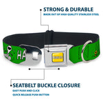 PEANUTS Title Logo Full Color Yellow/White Seatbelt Buckle Collar - Peanuts Snoopy and Woodstock Laughing HAHA Pose Green