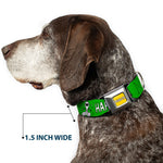 PEANUTS Title Logo Full Color Yellow/White Seatbelt Buckle Collar - Peanuts Snoopy and Woodstock Laughing HAHA Pose Green