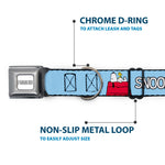 PEANUTS Title Logo Full Color Gray/White Seatbelt Buckle Collar - Peanuts Snoopy and Woodstock Dog House Pose and Text Sky Blue