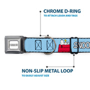 PEANUTS Title Logo Full Color Gray/White Seatbelt Buckle Collar - Peanuts Snoopy and Woodstock Dog House Pose and Text Sky Blue