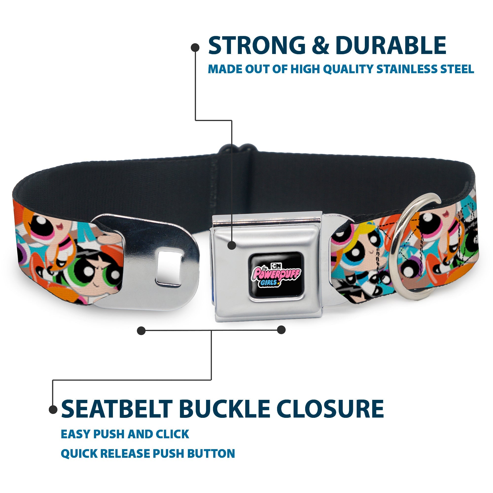 THE POWERPUFF GIRLS Animated Series Title Logo Full Color Black Seatbelt Buckle Collar - The Powerpuff Girls Expressions Stacked