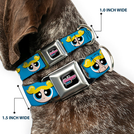 THE POWERPUFF GIRLS Animated Series Title Logo Full Color Black Seatbelt Buckle Collar - The Powerpuff Girls Bubbles Face Close-Up Blue