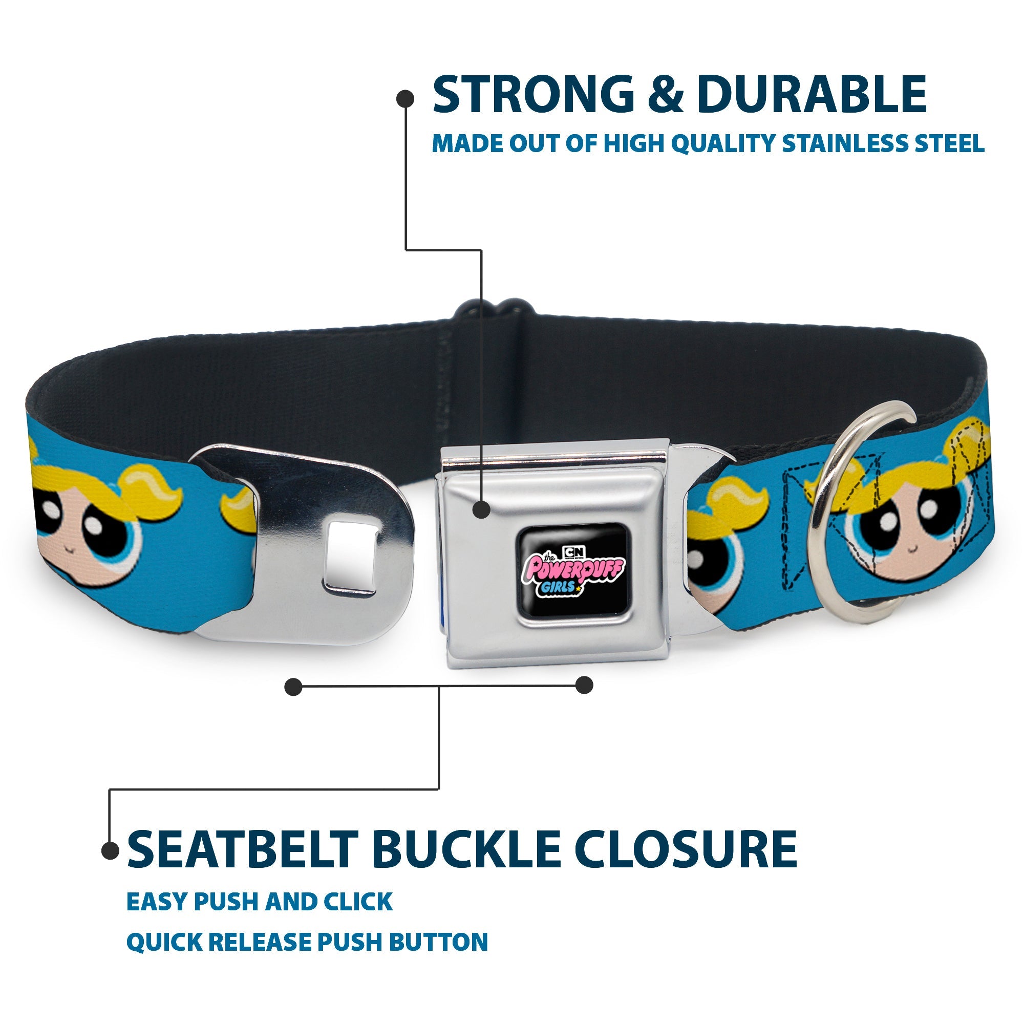 THE POWERPUFF GIRLS Animated Series Title Logo Full Color Black Seatbelt Buckle Collar - The Powerpuff Girls Bubbles Face Close-Up Blue