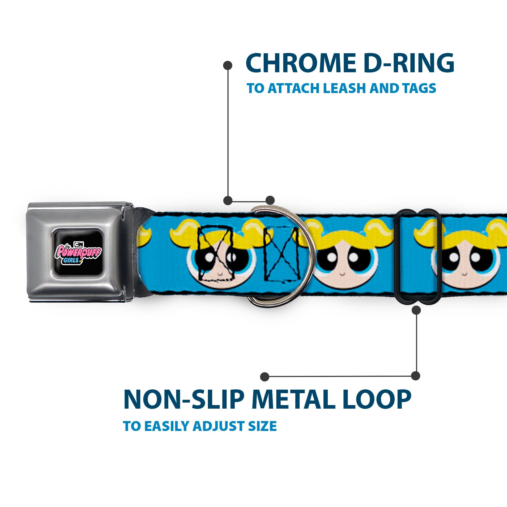 THE POWERPUFF GIRLS Animated Series Title Logo Full Color Black Seatbelt Buckle Collar - The Powerpuff Girls Bubbles Face Close-Up Blue
