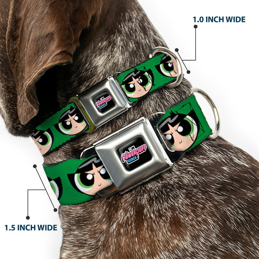 THE POWERPUFF GIRLS Animated Series Title Logo Full Color Black Seatbelt Buckle Collar - The Powerpuff Girls Buttercup Face Close-Up Green
