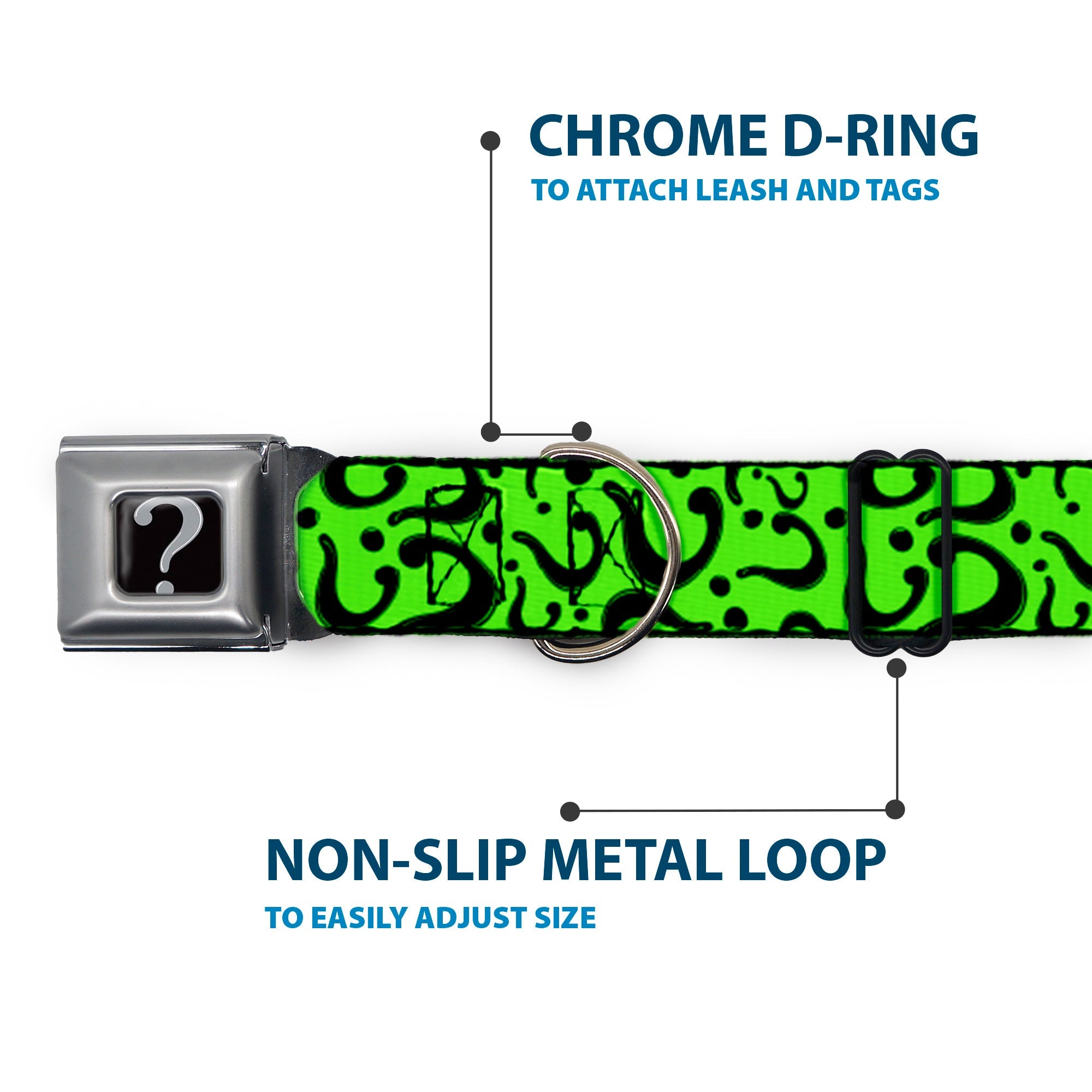 Riddler "?" Black Silver Seatbelt Buckle Collar - Question Mark Scattered Lime Green/Black