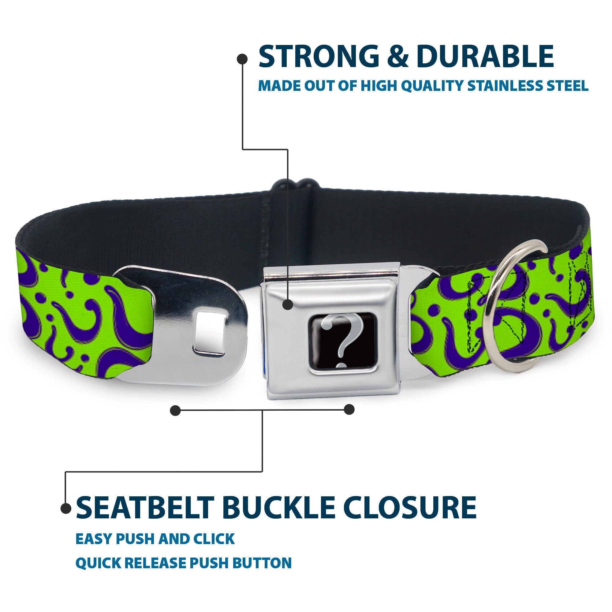 Riddler "?" Black Silver Seatbelt Buckle Collar - Question Mark Scattered Lime Green/Purple