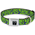 Load image into Gallery viewer, Riddler "?" Black Silver Seatbelt Buckle Collar - Question Mark Scattered Lime Green/Purple
