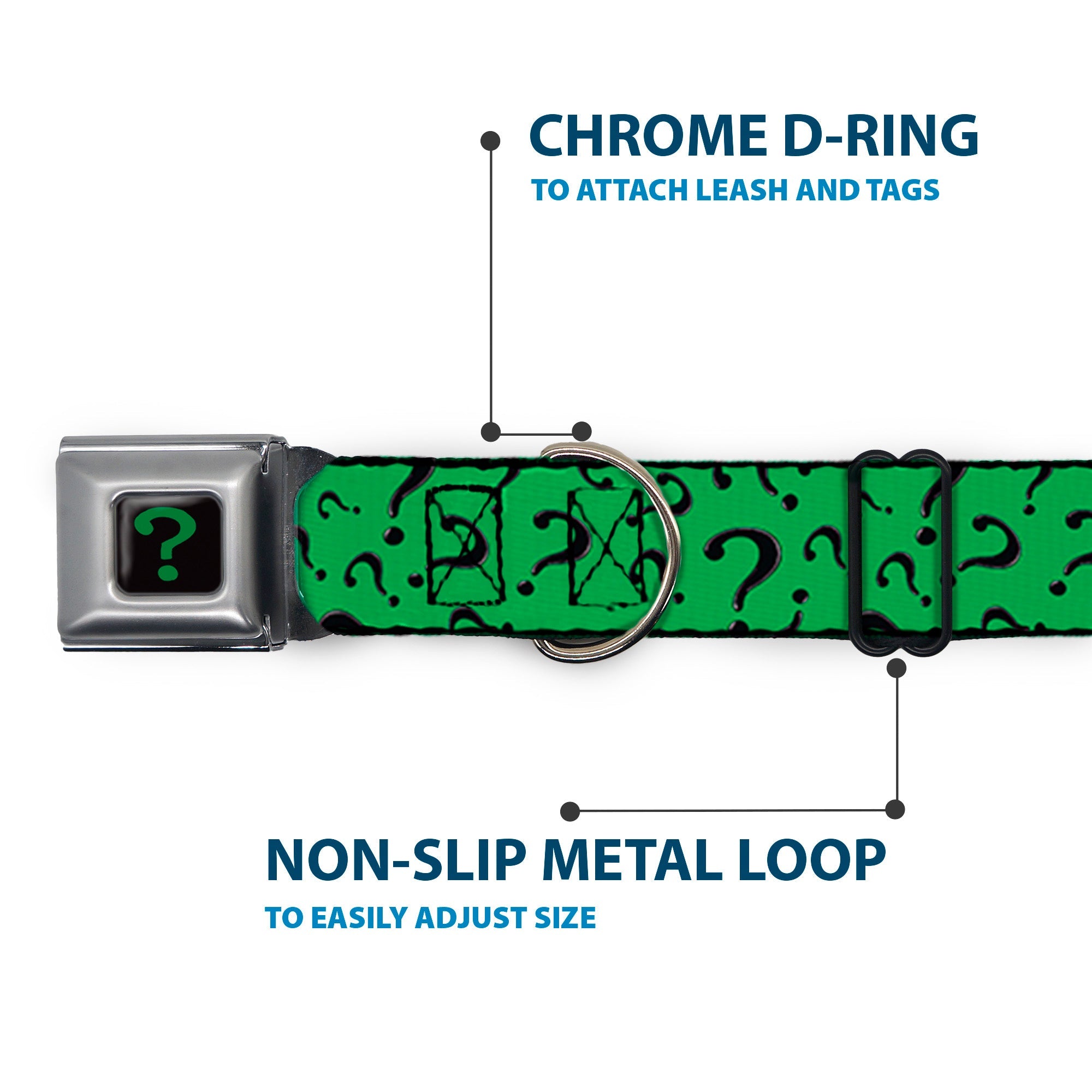 Riddler "?" Black/Green Seatbelt Buckle Collar - Question Mark Scattered3 Dark Green/Black