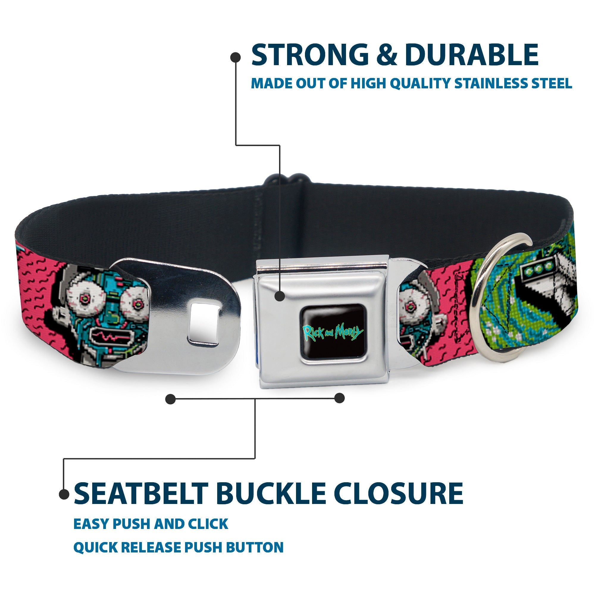 RICK AND MORTY Text Logo Full Color Black/Blue Seatbelt Buckle Collar - Rick and Morty Circuit Faces/Portal Gun Pink