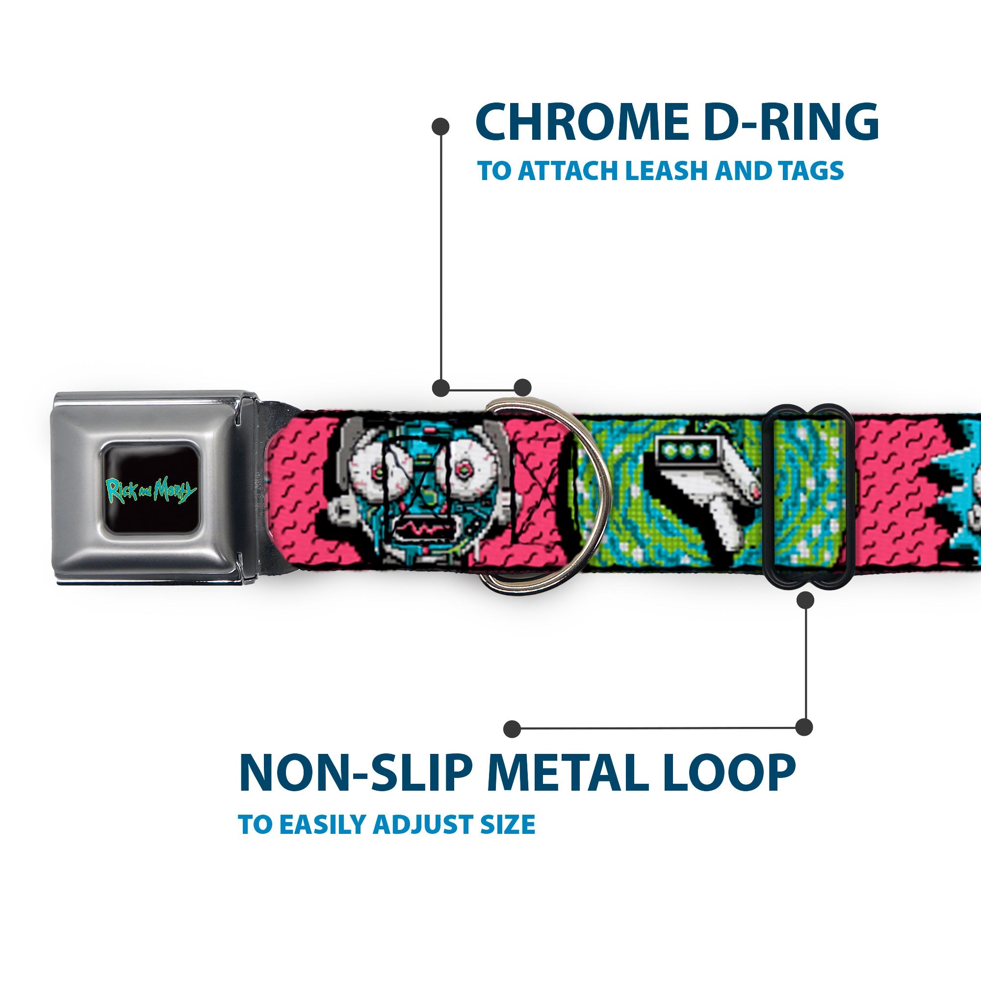 RICK AND MORTY Text Logo Full Color Black/Blue Seatbelt Buckle Collar - Rick and Morty Circuit Faces/Portal Gun Pink