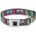Load image into Gallery viewer, RICK AND MORTY Text Logo Full Color Black/Blue Seatbelt Buckle Collar - Rick and Morty Circuit Faces/Portal Gun Pink
