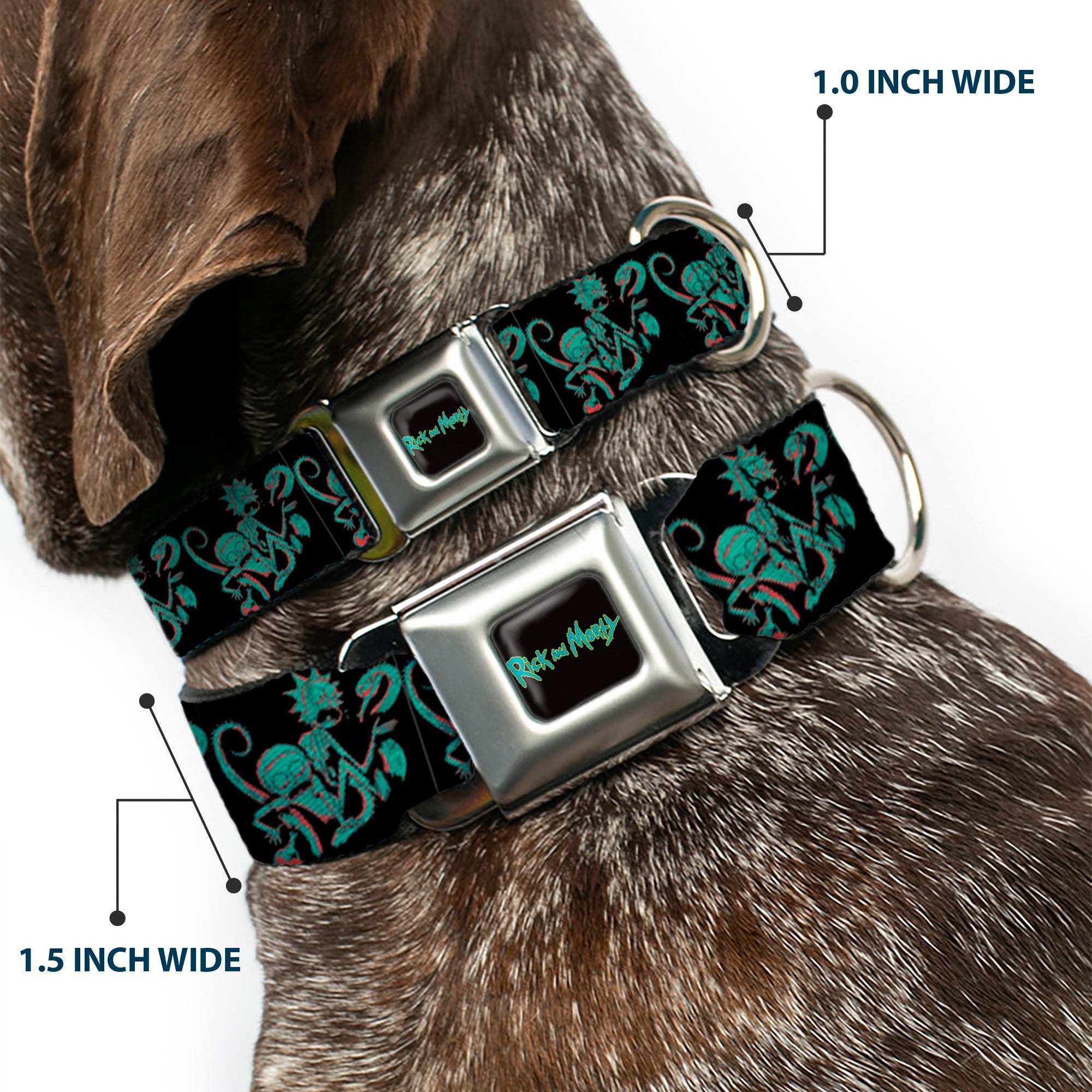 Southlake Paws RICK AND MORTY seatbelt buckle collar featuring a black and blue design with psychedelic monster graphics in g