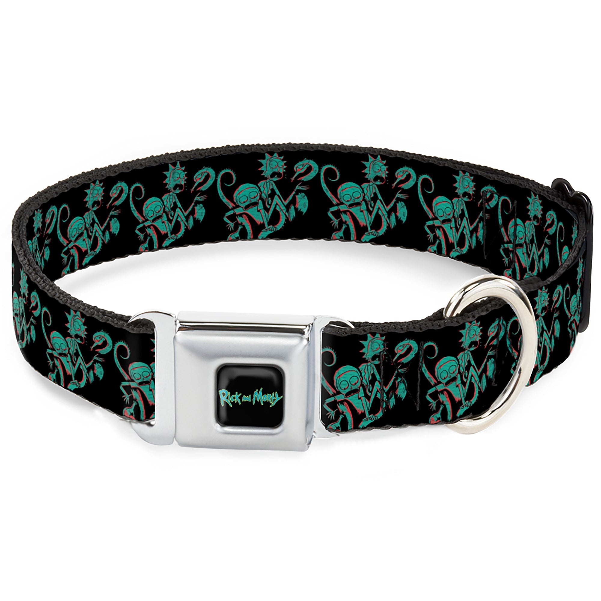 Southlake Paws RICK AND MORTY seatbelt buckle collar featuring a black background with psychedelic monster designs in green a