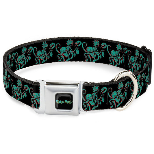 RICK AND MORTY Text Logo Full Color Black/Blue Seatbelt Buckle Collar - Rick and Morty Psychedelic Monster Pose Black/Greens