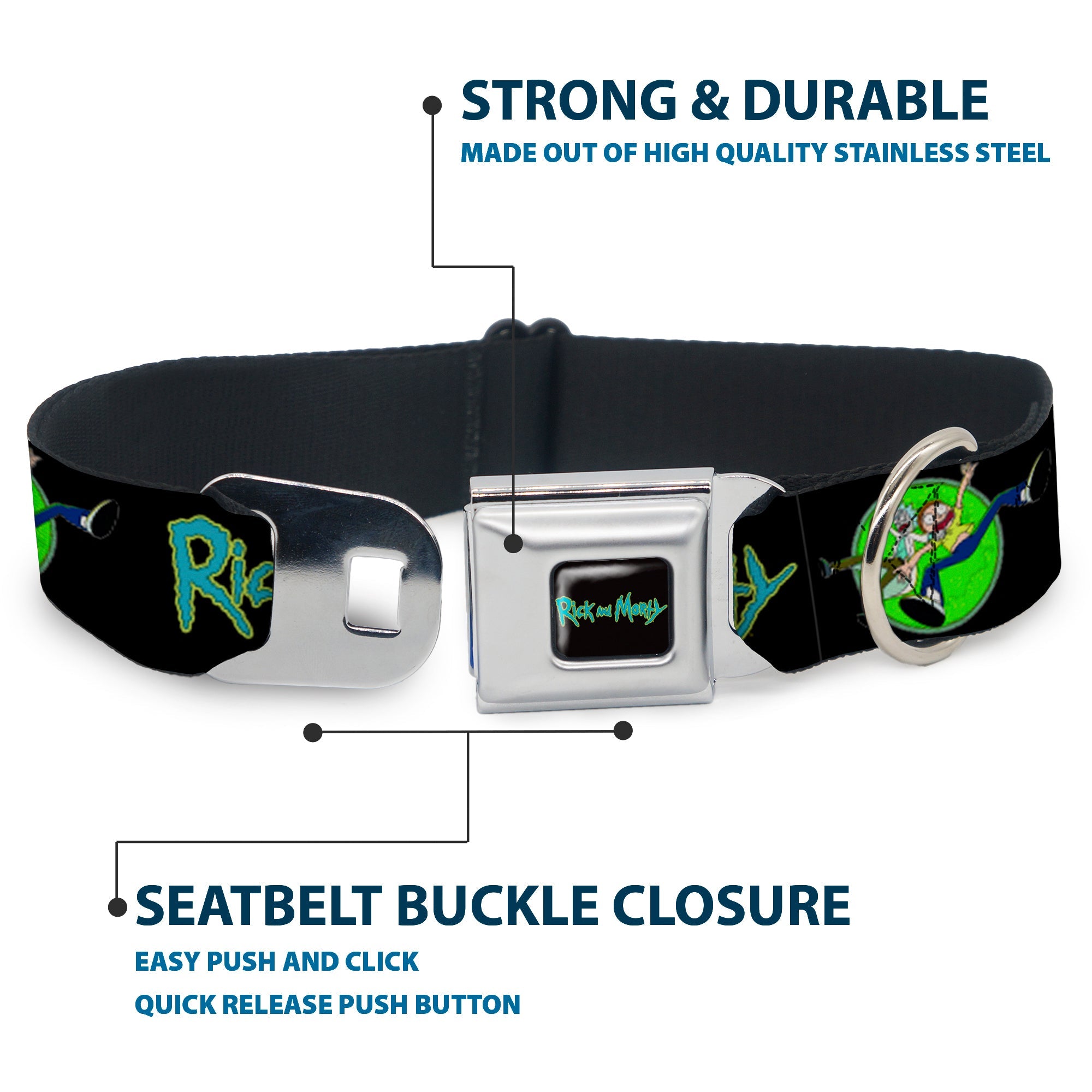 RICK AND MORTY Text Logo Full Color Black/Blue Seatbelt Buckle Collar - RICK AND MORTY Title Logo and Portal Pose Black