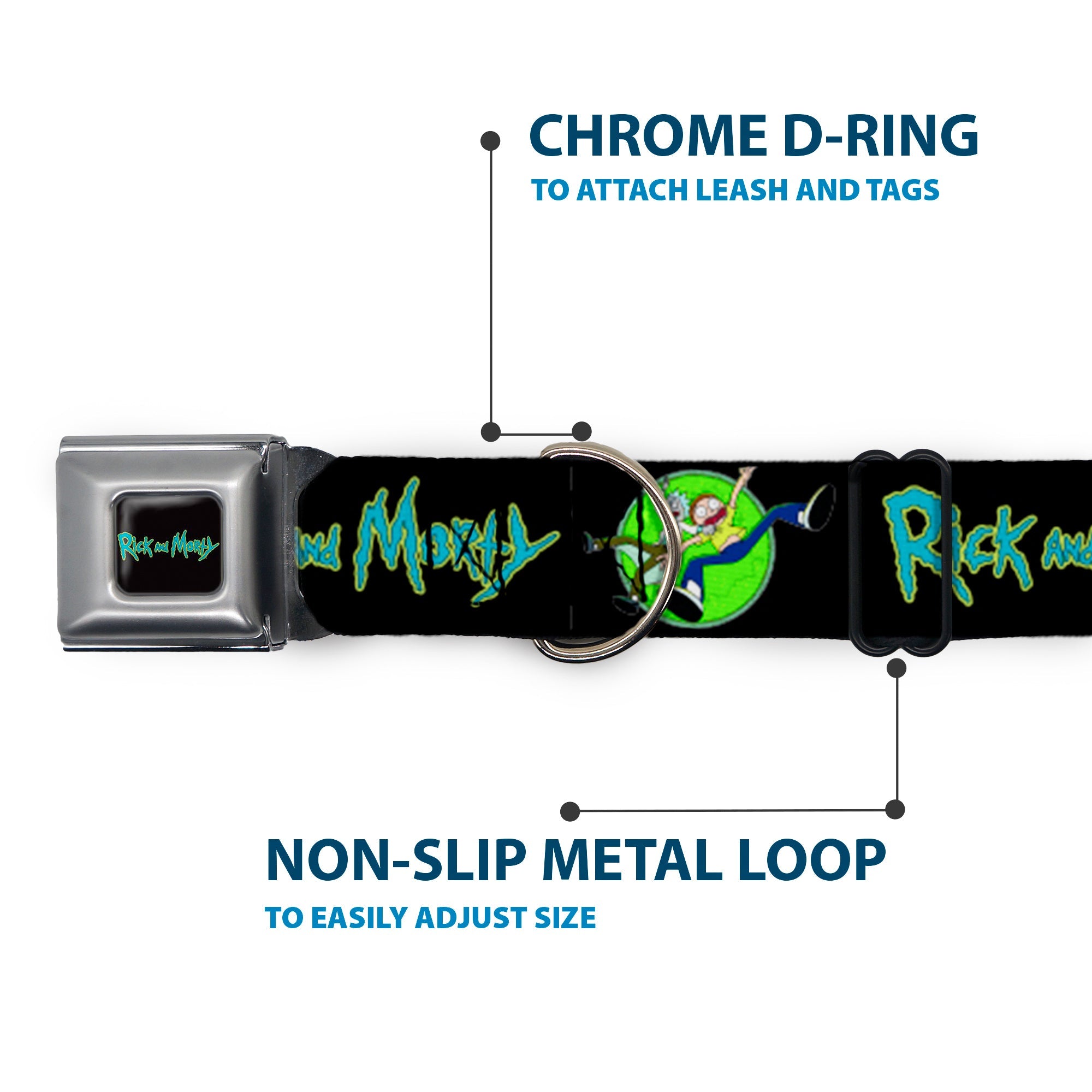 RICK AND MORTY Text Logo Full Color Black/Blue Seatbelt Buckle Collar - RICK AND MORTY Title Logo and Portal Pose Black