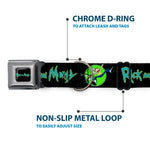 RICK AND MORTY Text Logo Full Color Black/Blue Seatbelt Buckle Collar - RICK AND MORTY Title Logo and Portal Pose Black