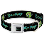 RICK AND MORTY Text Logo Full Color Black/Blue Seatbelt Buckle Collar - RICK AND MORTY Title Logo and Portal Pose Black
