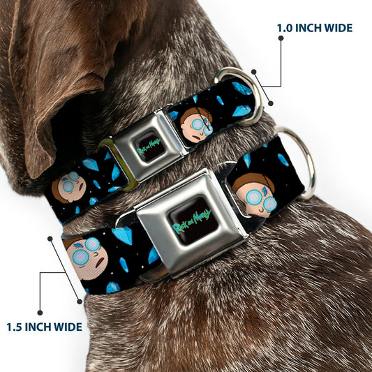 RICK AND MORTY Text Logo Full Color Black/Blue Seatbelt Buckle Collar - Rick and Morty Death Crystals and Morty Expression Black/Blues