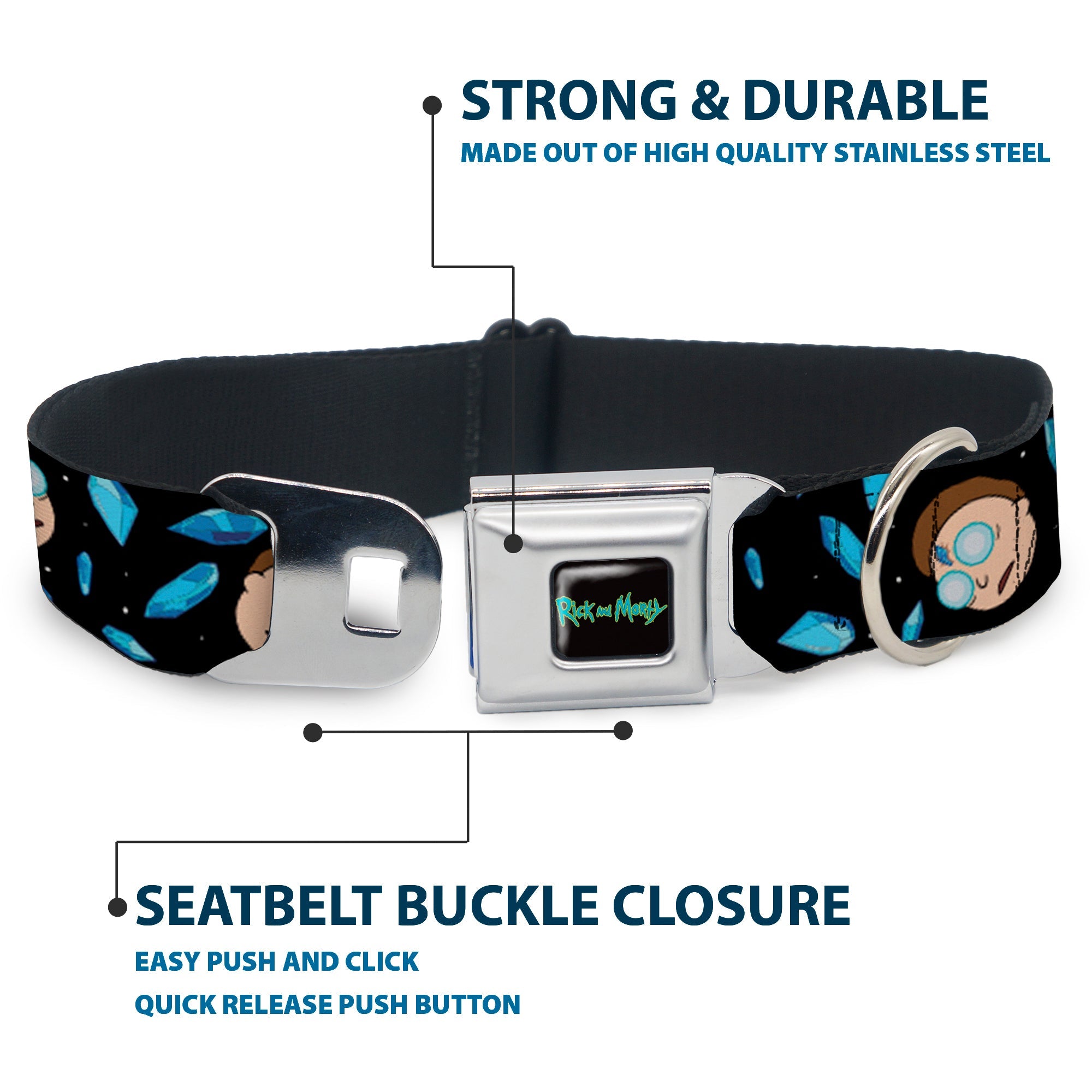 RICK AND MORTY Text Logo Full Color Black/Blue Seatbelt Buckle Collar - Rick and Morty Death Crystals and Morty Expression Black/Blues