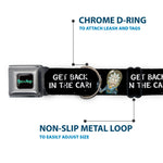 RICK AND MORTY Text Logo Full Color Black/Blue Seatbelt Buckle Collar - Rick and Morty Rick GET BACK IN THE CAR Pose Black/White