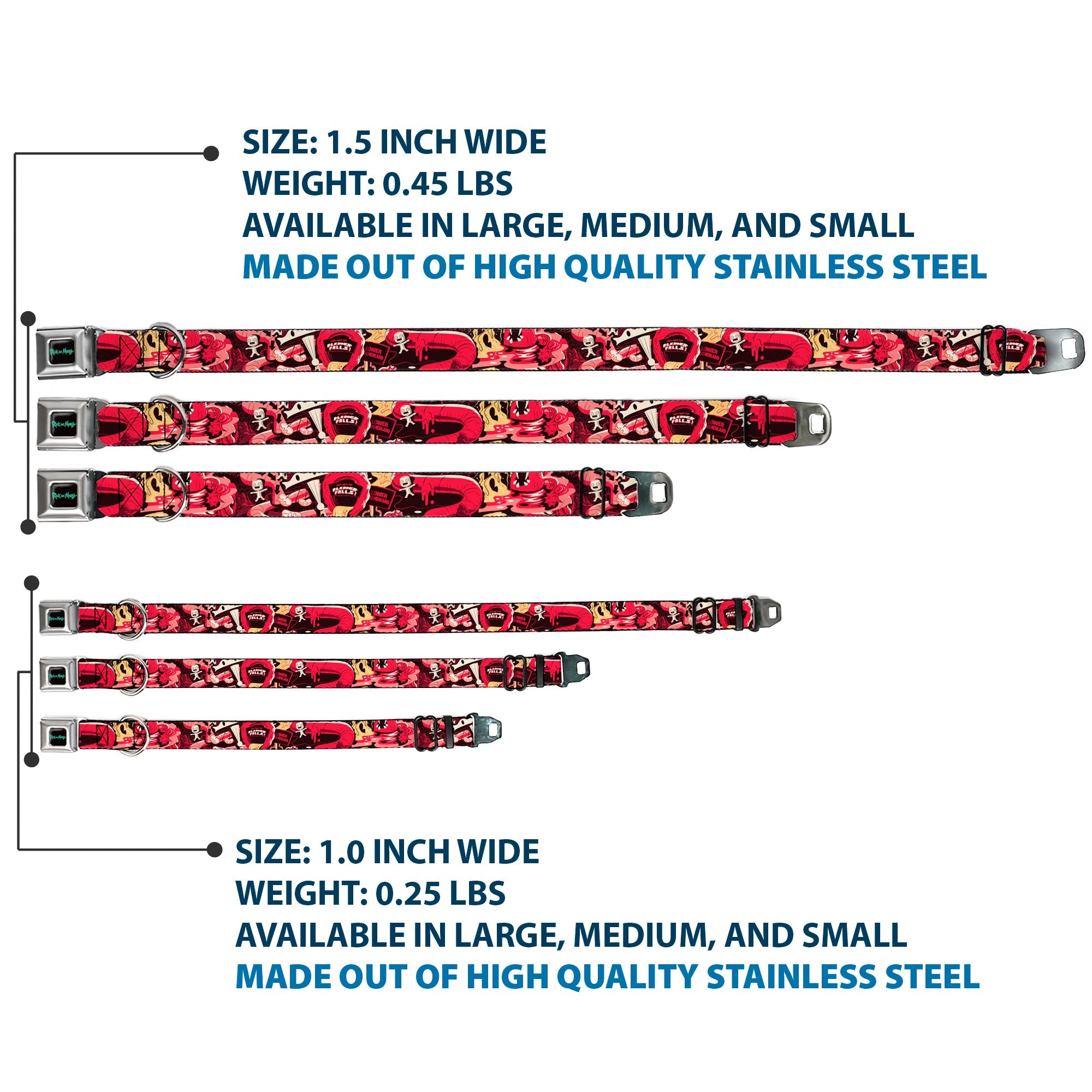 RICK AND MORTY Text Logo Full Color Black/Blue Seatbelt Buckle Collar - Rick and Morty Anatomy Park Collage Reds/Black