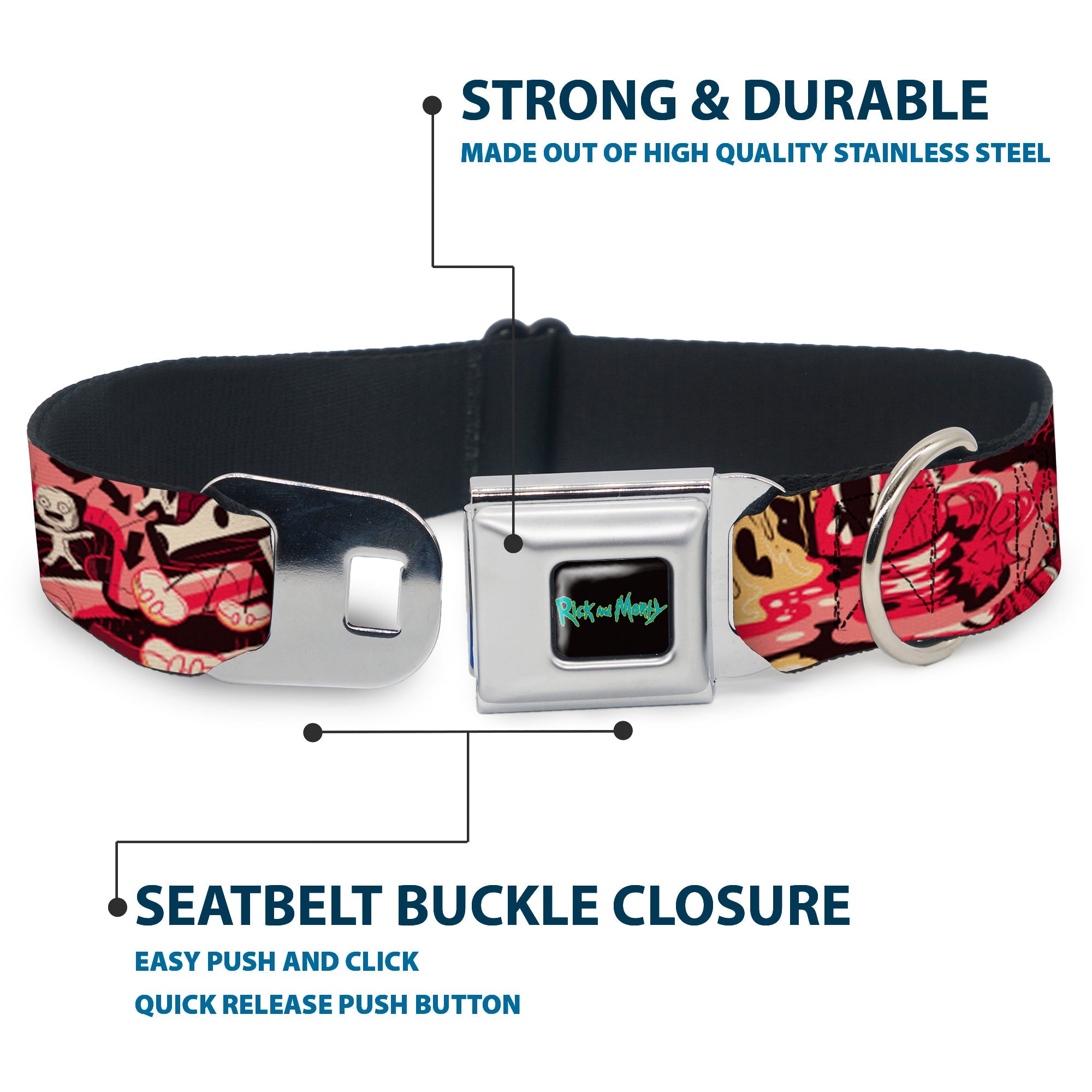 RICK AND MORTY Text Logo Full Color Black/Blue Seatbelt Buckle Collar - Rick and Morty Anatomy Park Collage Reds/Black