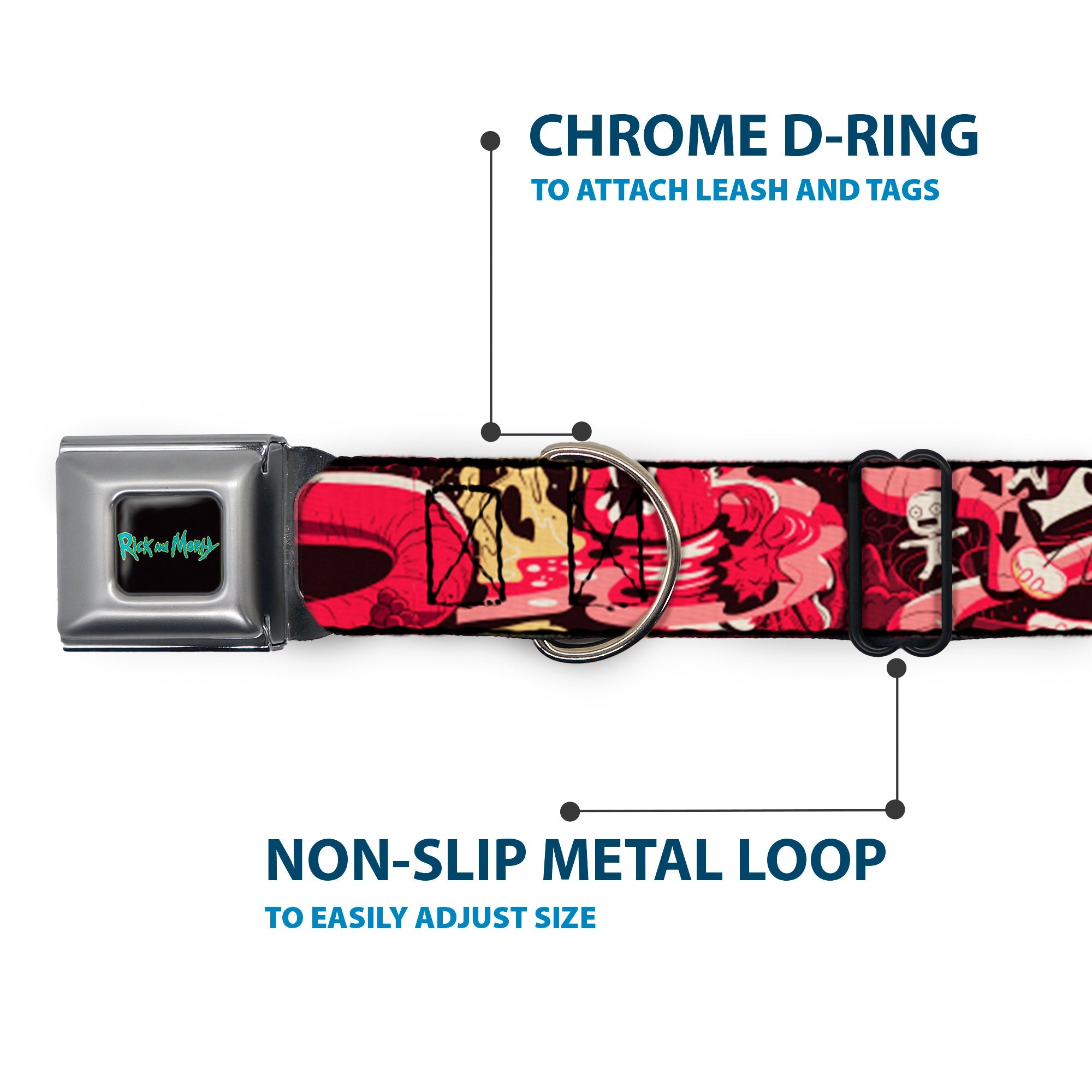 RICK AND MORTY Text Logo Full Color Black/Blue Seatbelt Buckle Collar - Rick and Morty Anatomy Park Collage Reds/Black