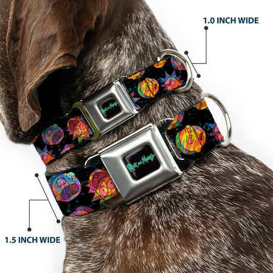 RICK AND MORTY Text Logo Full Color Black/Blue Seatbelt Buckle Collar - Rick and Morty Vaporwave Expressions Scattered Black/Multi Color