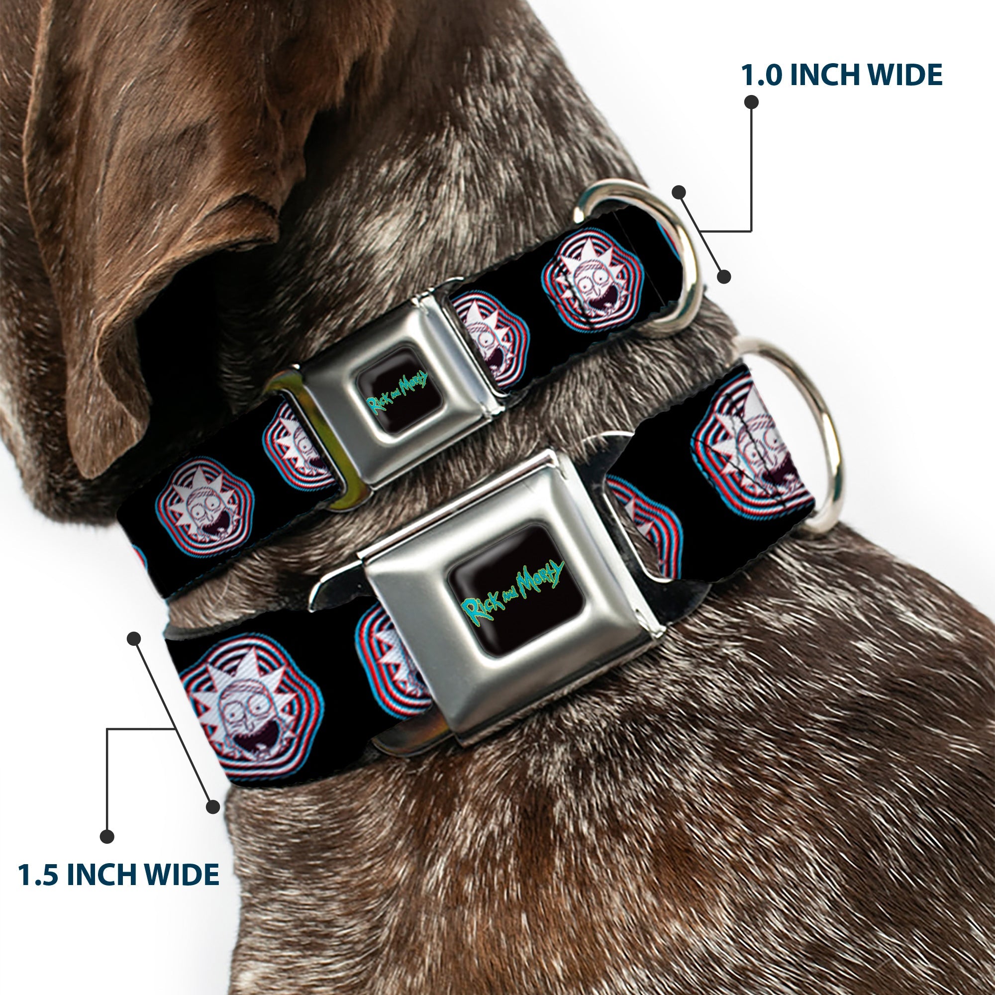 RICK AND MORTY Text Logo Full Color Black/Blue Seatbelt Buckle Collar - Rick and Morty Rick Vaporwave Bullseye Black/Blue/Red/White