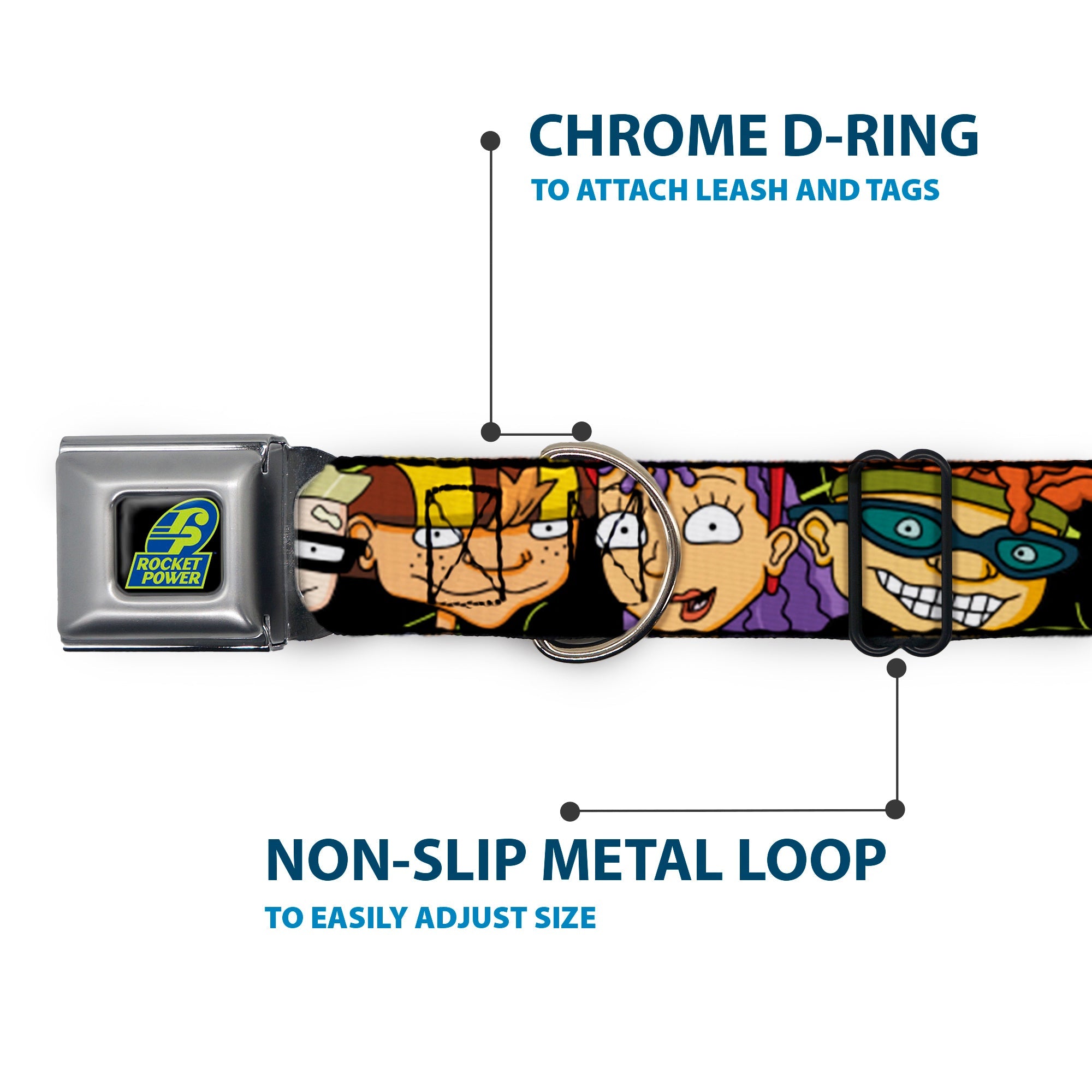 ROCKET POWER RP Logo Full Color Black/Green/Blue Seatbelt Buckle Collar - ROCKET POWER RP Logo/4-Character Faces CLOSE-UP Black/Green/Blue