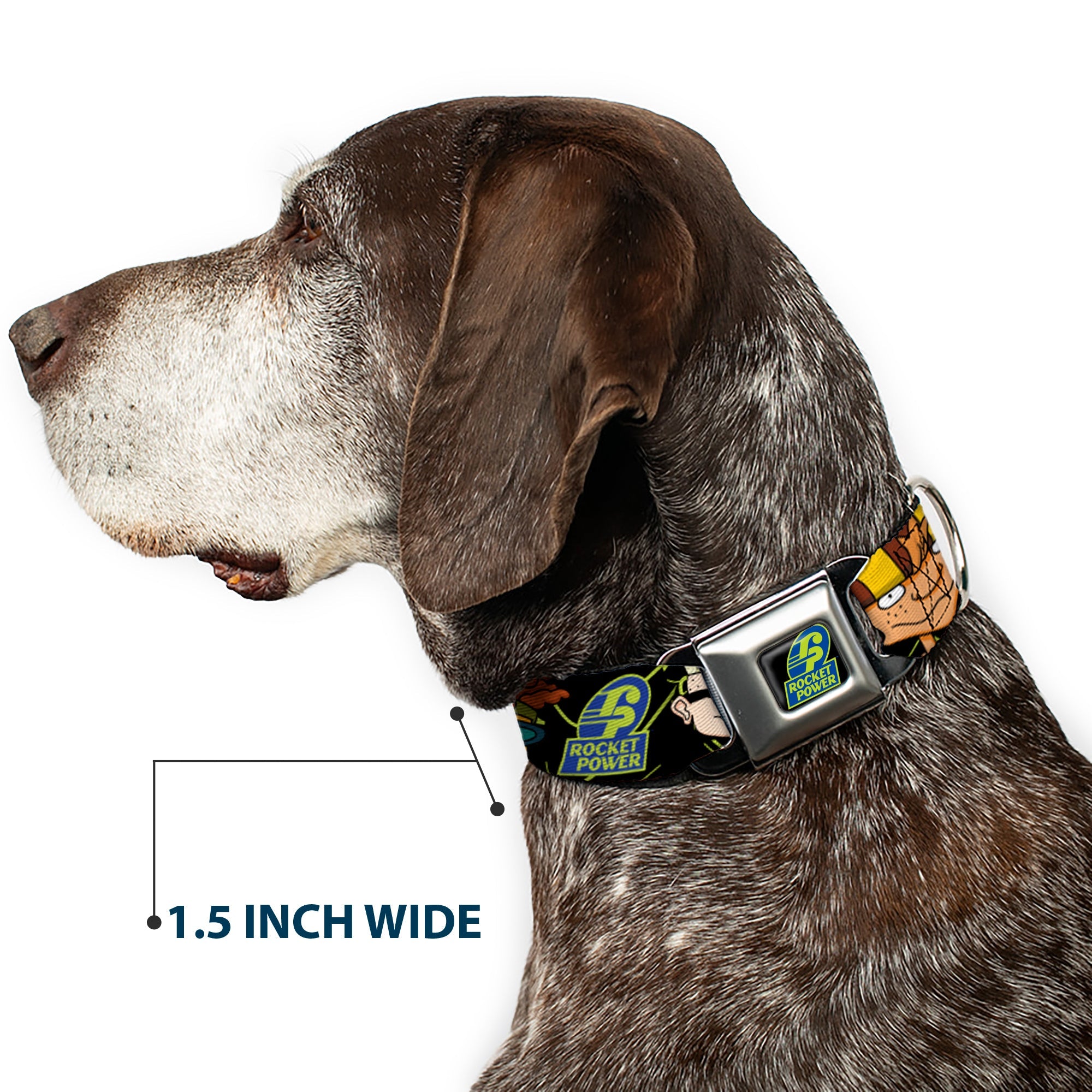 ROCKET POWER RP Logo Full Color Black/Green/Blue Seatbelt Buckle Collar - ROCKET POWER RP Logo/4-Character Faces CLOSE-UP Black/Green/Blue