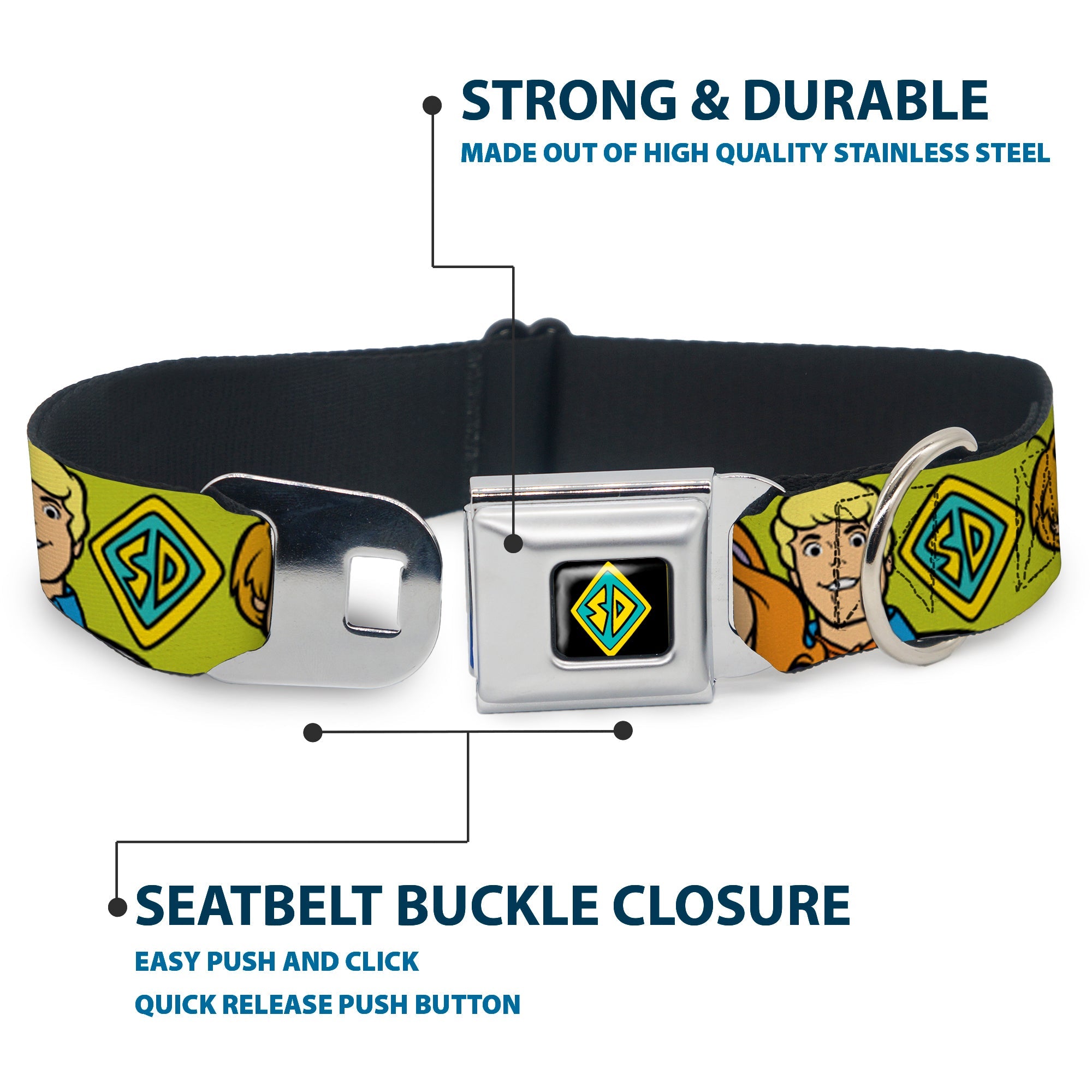 SD Dog Tag Full Color Black/Yellow/Blue Seatbelt Buckle Collar - Scooby Doo Character Faces Close-Up Green