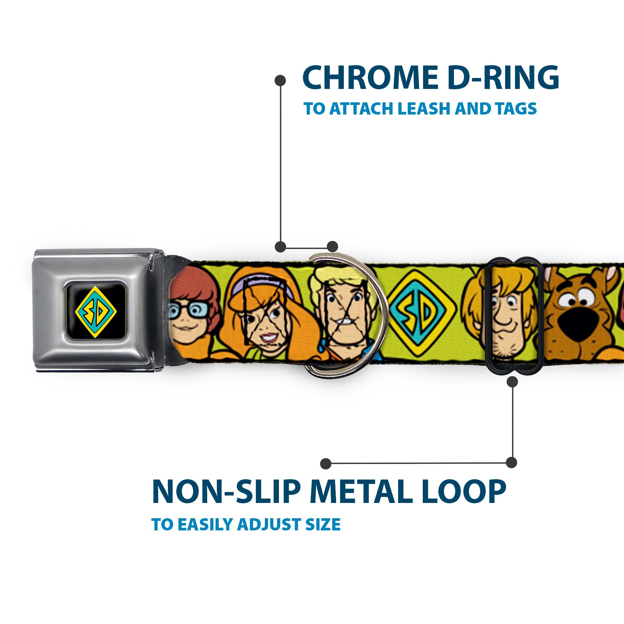 SD Dog Tag Full Color Black/Yellow/Blue Seatbelt Buckle Collar - Scooby Doo Character Faces Close-Up Green