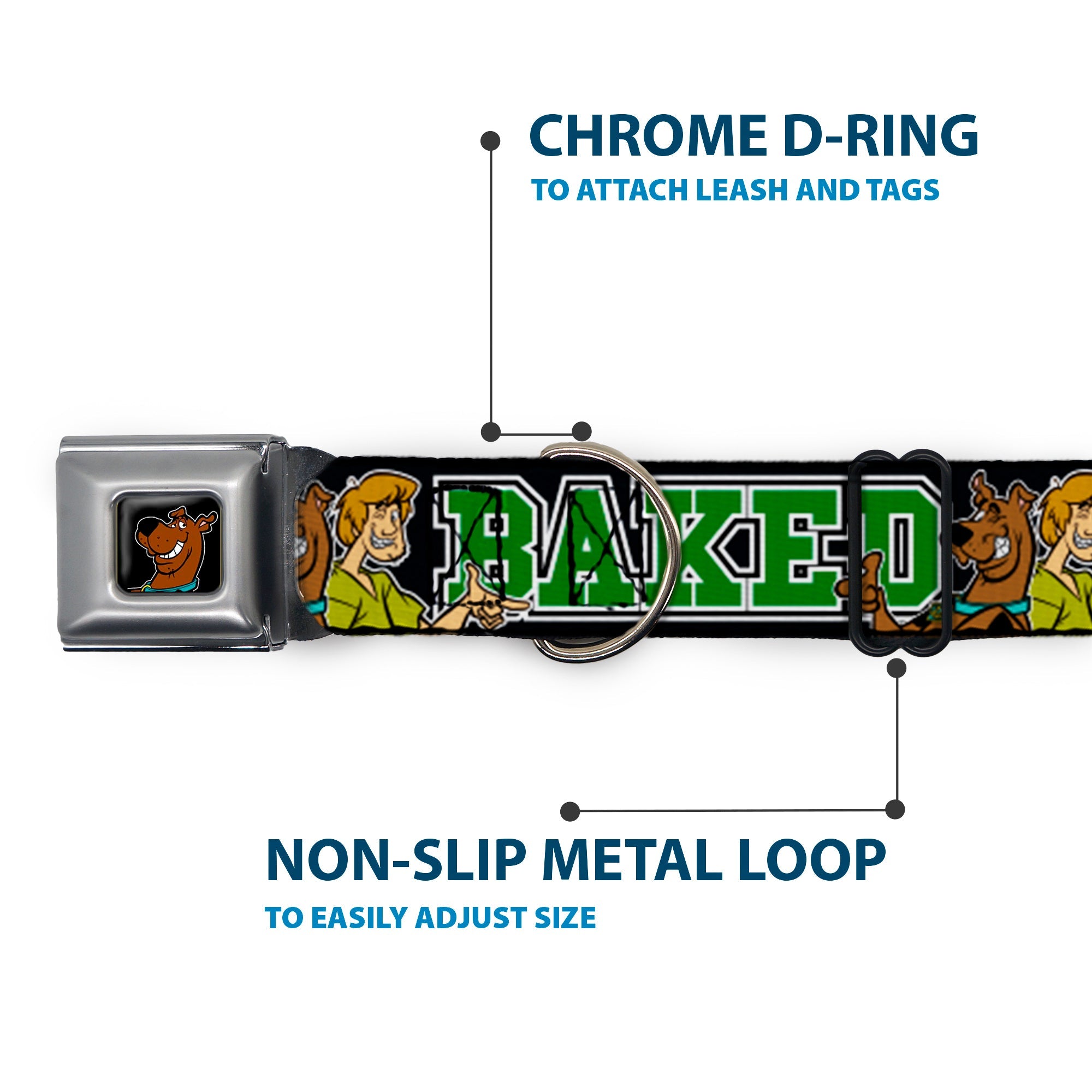 Scooby Doo Face Full Color Black Seatbelt Buckle Collar - Scooby Doo & Shaggy Pose/BAKED Black/Green