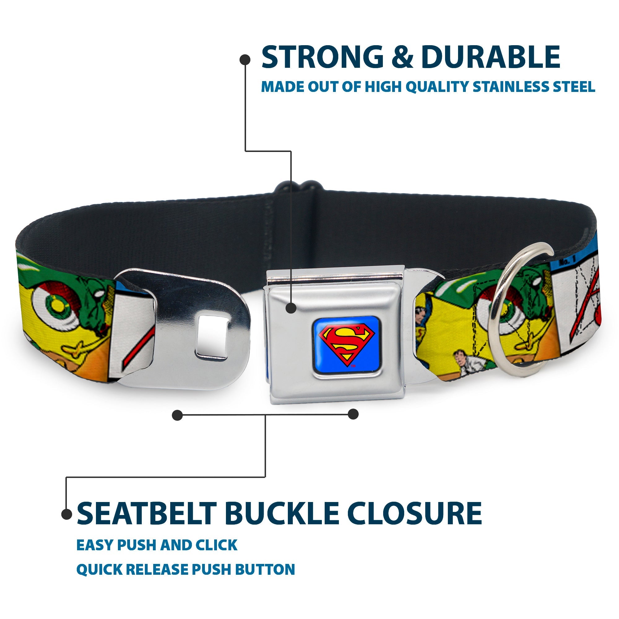Superman Blue Seatbelt Buckle Collar - Classic ACTION COMICS Issue #1 Cover Superman Lifting Car Stacked