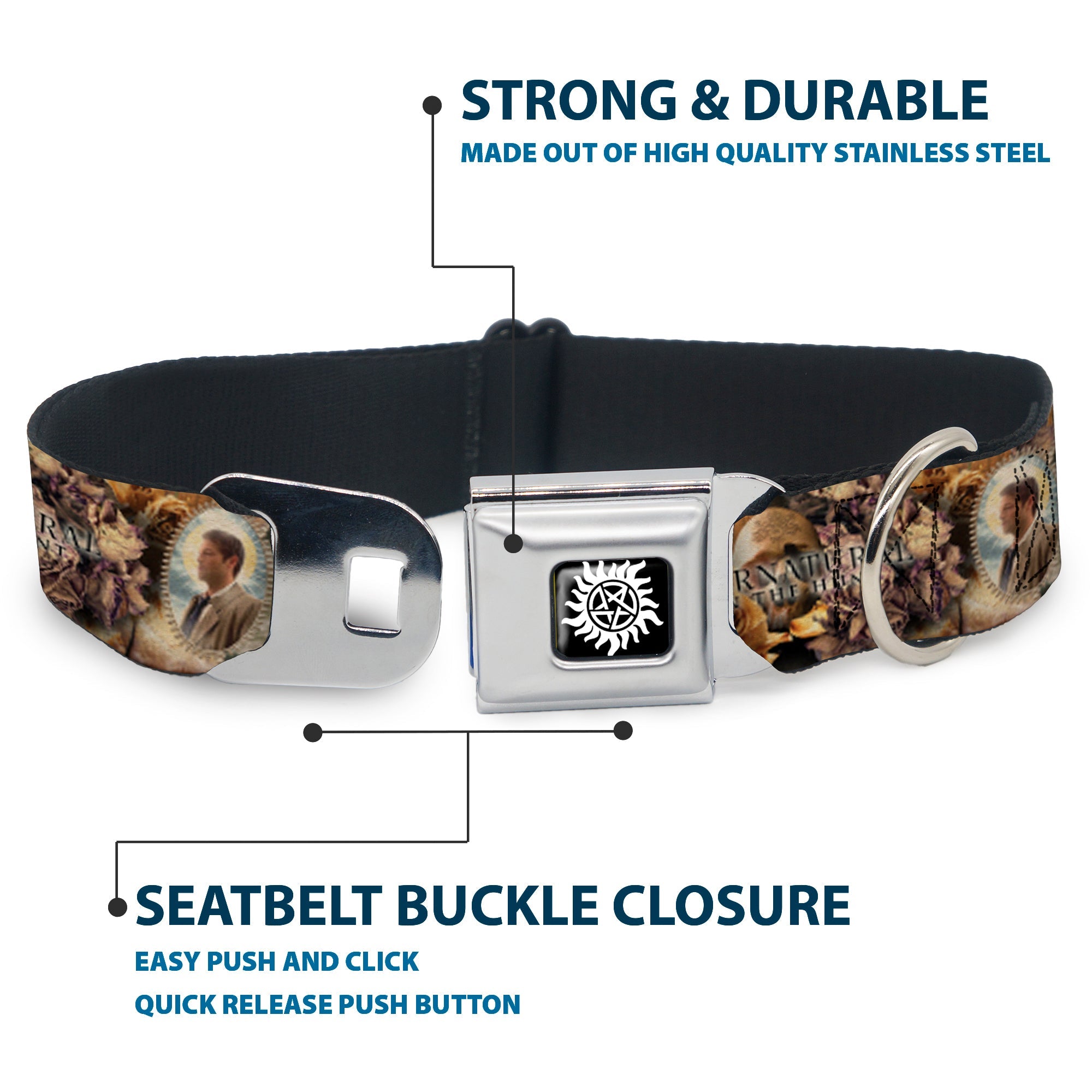 Winchester Logo Full Color Black/White Seatbelt Buckle Collar - SUPERNATURAL 4-Character Saintly Icons/Skull & Roses