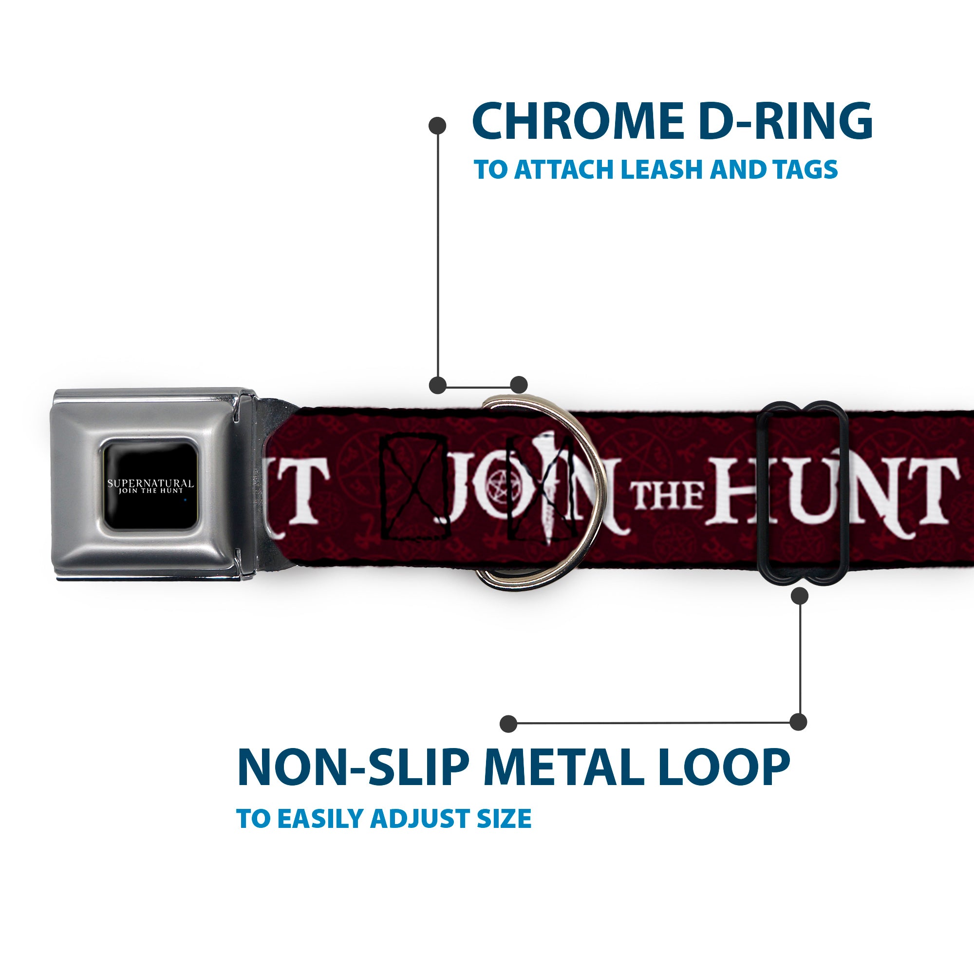 SUPERNATURAL-JOIN THE HUNT Full Color Black/White Seatbelt Buckle Collar - Supernatural JOIN THE HUNT/Symbols Scattered Reds/White