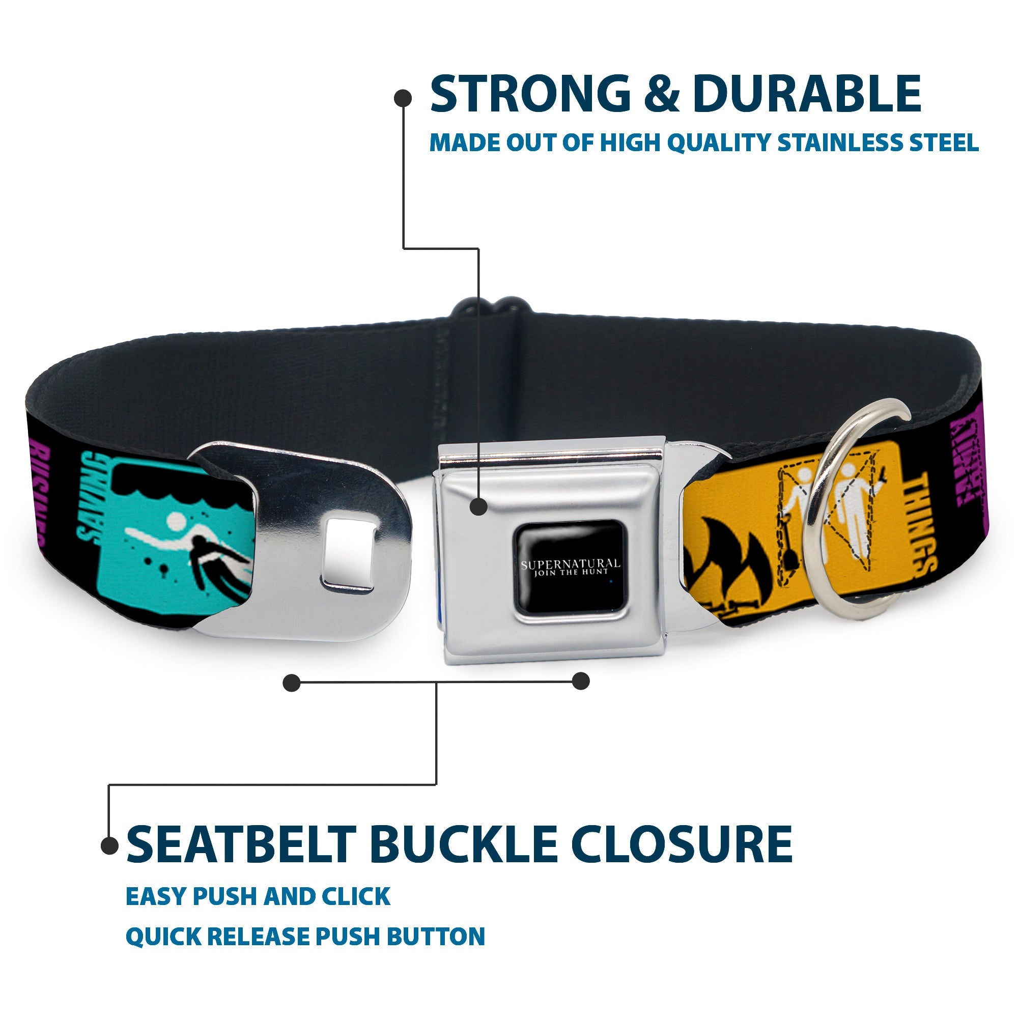 SUPERNATURAL-JOIN THE HUNT Full Color Black/White Seatbelt Buckle Collar - Supernatural SAVING PEOPLE-HUNTING THINGS-FAMILY BUSINESS Blocks Black/Teal/Gold/Purple/White