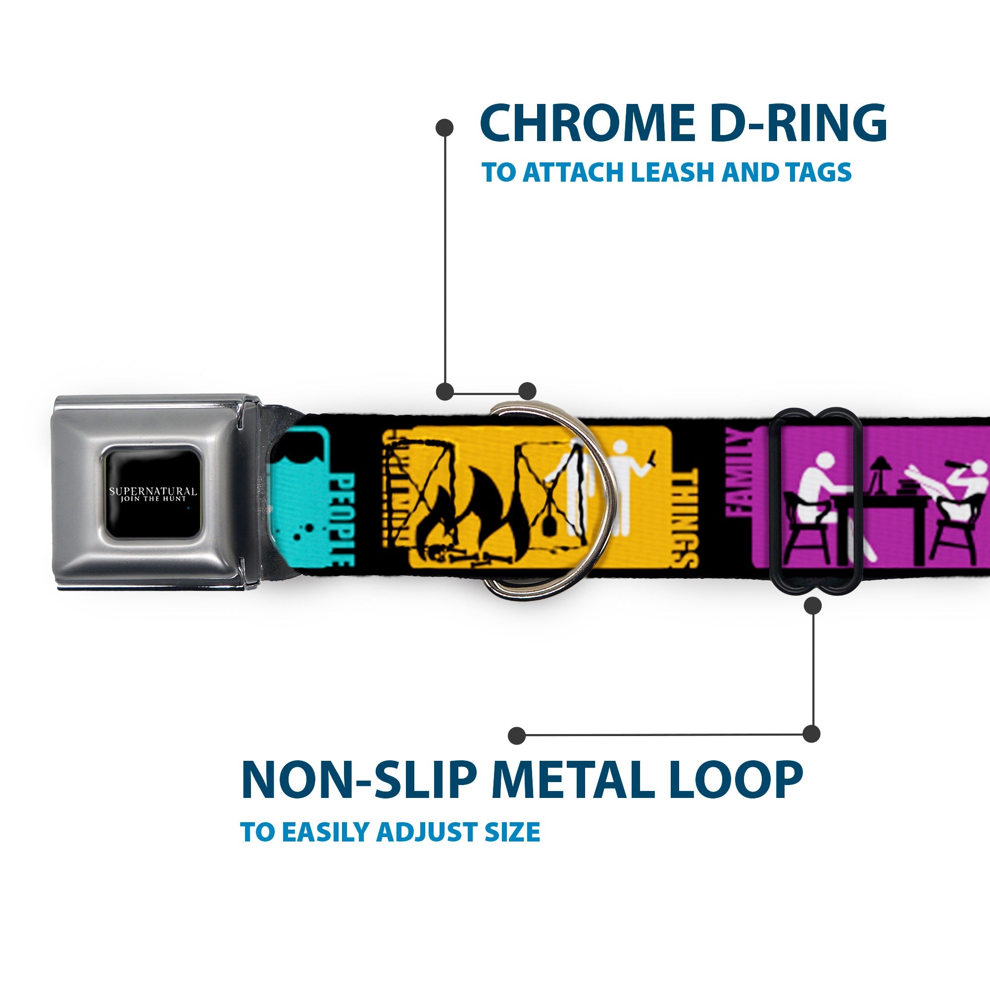 SUPERNATURAL-JOIN THE HUNT Full Color Black/White Seatbelt Buckle Collar - Supernatural SAVING PEOPLE-HUNTING THINGS-FAMILY BUSINESS Blocks Black/Teal/Gold/Purple/White