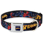MARVEL SPIDER-MAN Title Logo Full Color Dark Blue Seatbelt Buckle Collar - SPIDER-MAN Title Logo and Action Skyline Poses